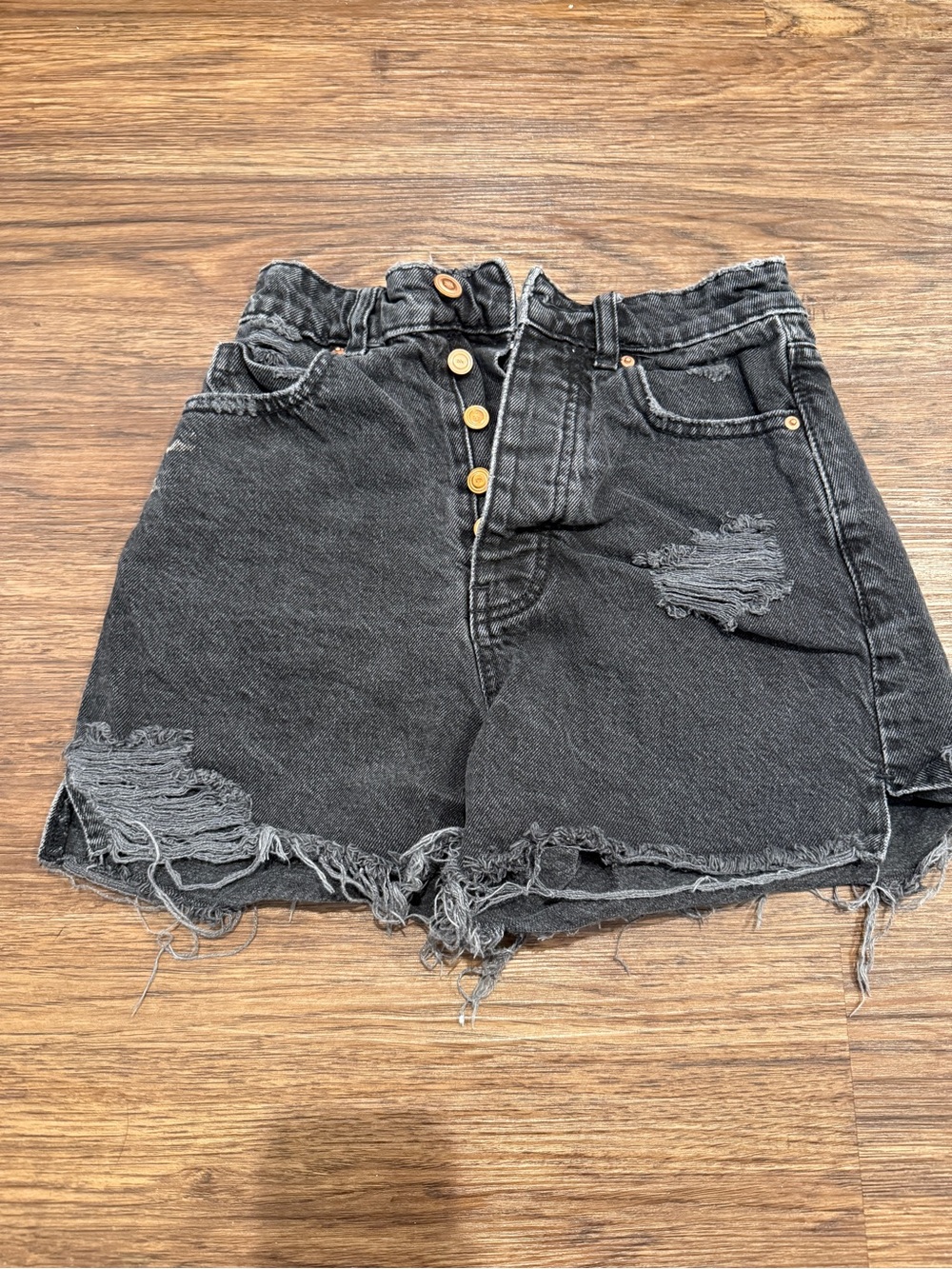 Zara Black Distressed High-Waist Button-Fly Denim Shorts